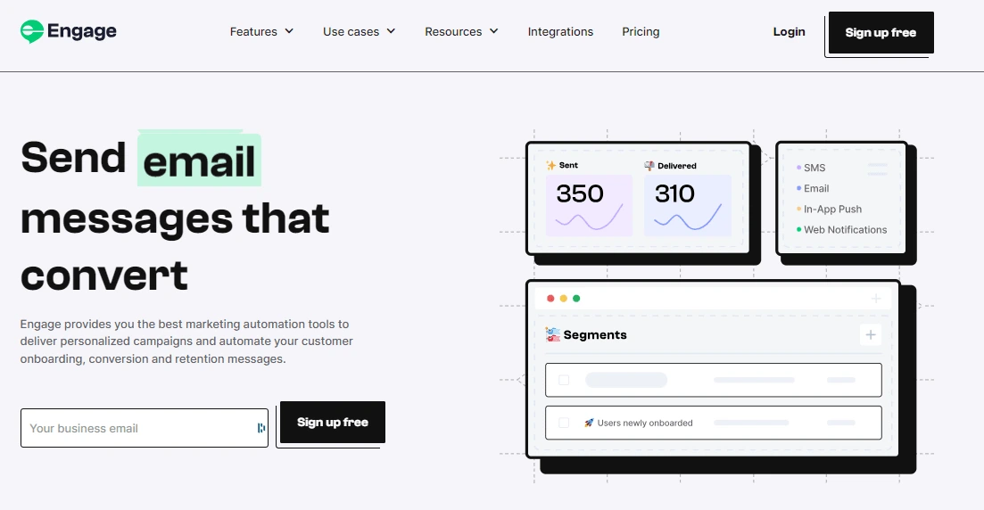 Engage homepage before the revamp, focused on sending email messages that convert