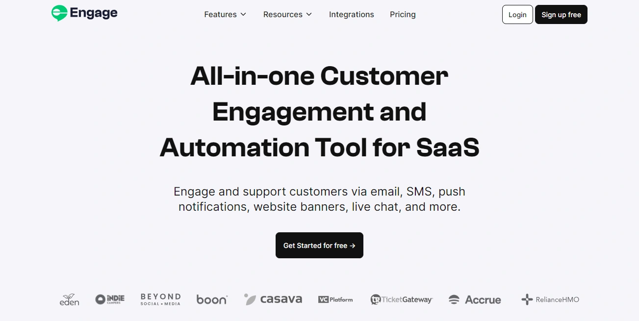 Engage homepage after the revamp, positioned as an all-in-one customer engagement and automation tool for SaaS