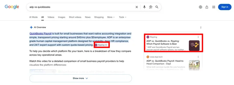 Google AI Overview for adp vs quickbooks, showing a Rippling citation inside the answer text and the Rippling comparison article in the sources panel