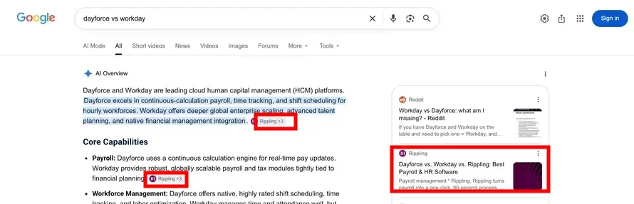 Google AI Overview for dayforce vs workday, citing Rippling twice in the answer and listing the Rippling comparison article as a source