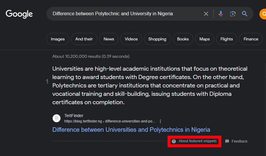 Google featured snippet for TertFinder on the query difference between polytechnic and university in Nigeria