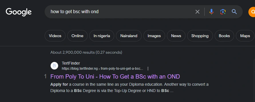 Google result showing TertFinder ranking first for the query how to get BSc with OND