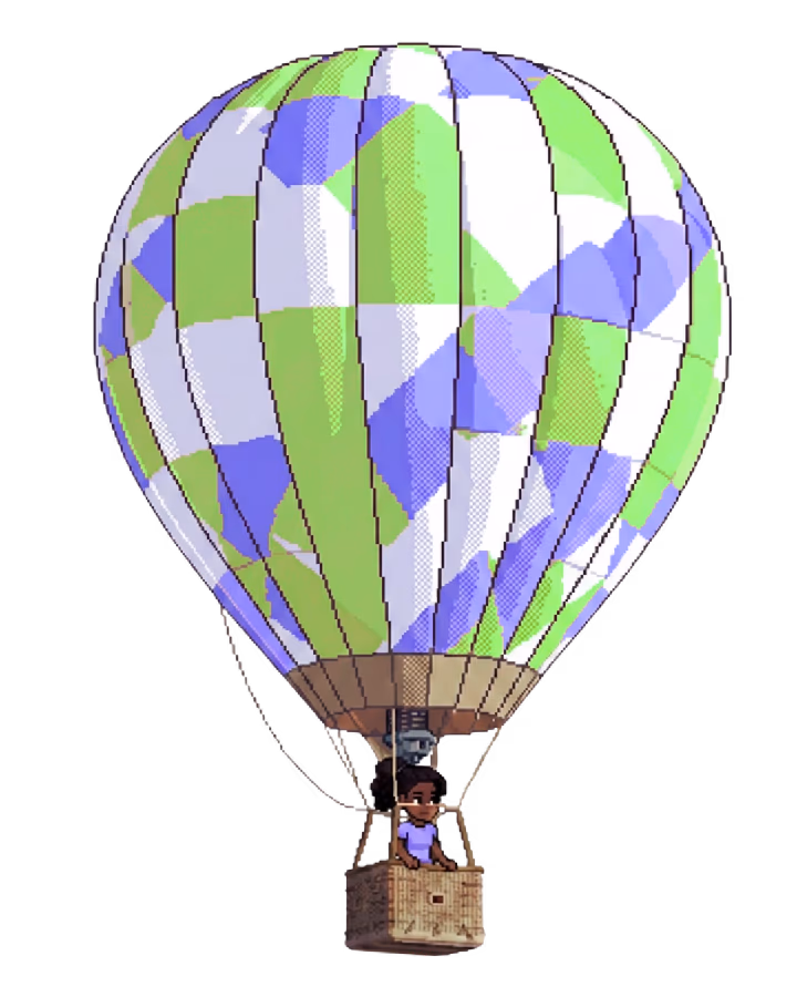 Pixel art mascot of Jasmine-Jade floating with a balloon